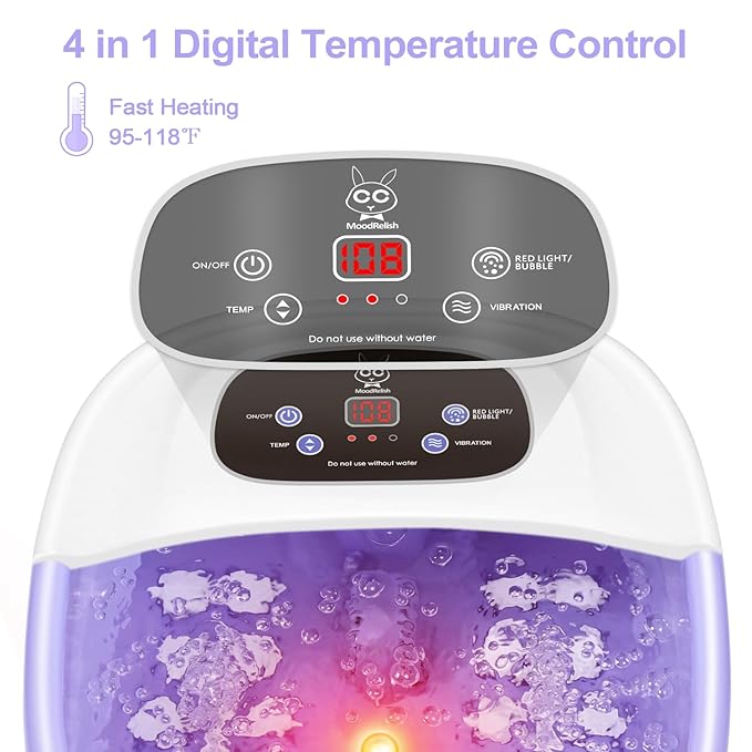 Foot Spa Bath Massager with Heat Bubbles and Vibration Massage and Jets, 16 OZ Calming Lavender Foot Soak Epsom Salt, MoodRelish Foot Soaker With Red Light, 22 Massage Rollers, Adjustable Temp -Purple