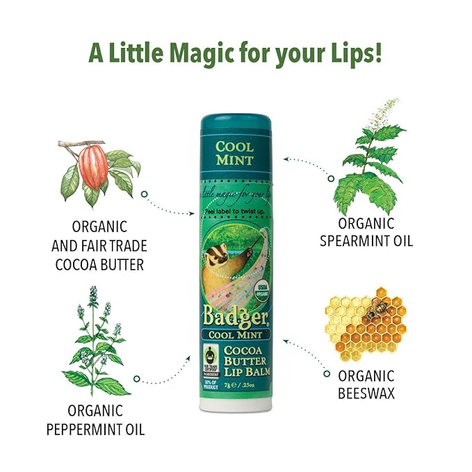 Badger - Cocoa Butter Lip Balm, Cool Mint, Certified Organic Lip Balm, Fair Trade, Natural Lip Balm, Lip Butter, Lip Balm Cocoa Butter, Cocoa Care Lip Balm, 0.25 oz