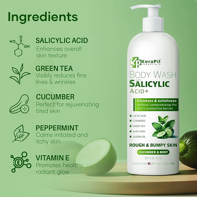 Exfoliating Body Wash with Salicylic Acid - No Dry Out, Gentle Exfoliates Rough and Bumpy Skin, Body Acne Wash, BHA & AHA - Cucumber and Mint Salicylic Acid Body Wash - (16 fl oz)