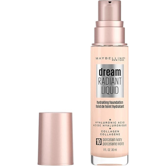 Maybelline Dream Radiant Liquid Medium Coverage Hydrating Makeup, Lightweight Liquid Foundation, Porcelain Ivory, 1 Count