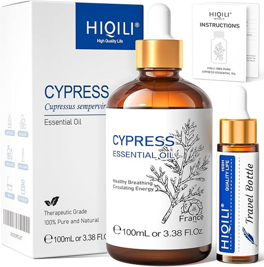 HIQILI 100ML Cypress Essential Oil, 100% Natural for Diffuser, Skin Care, Includes 10ML Travel Bottle - 3.38 Fl Oz