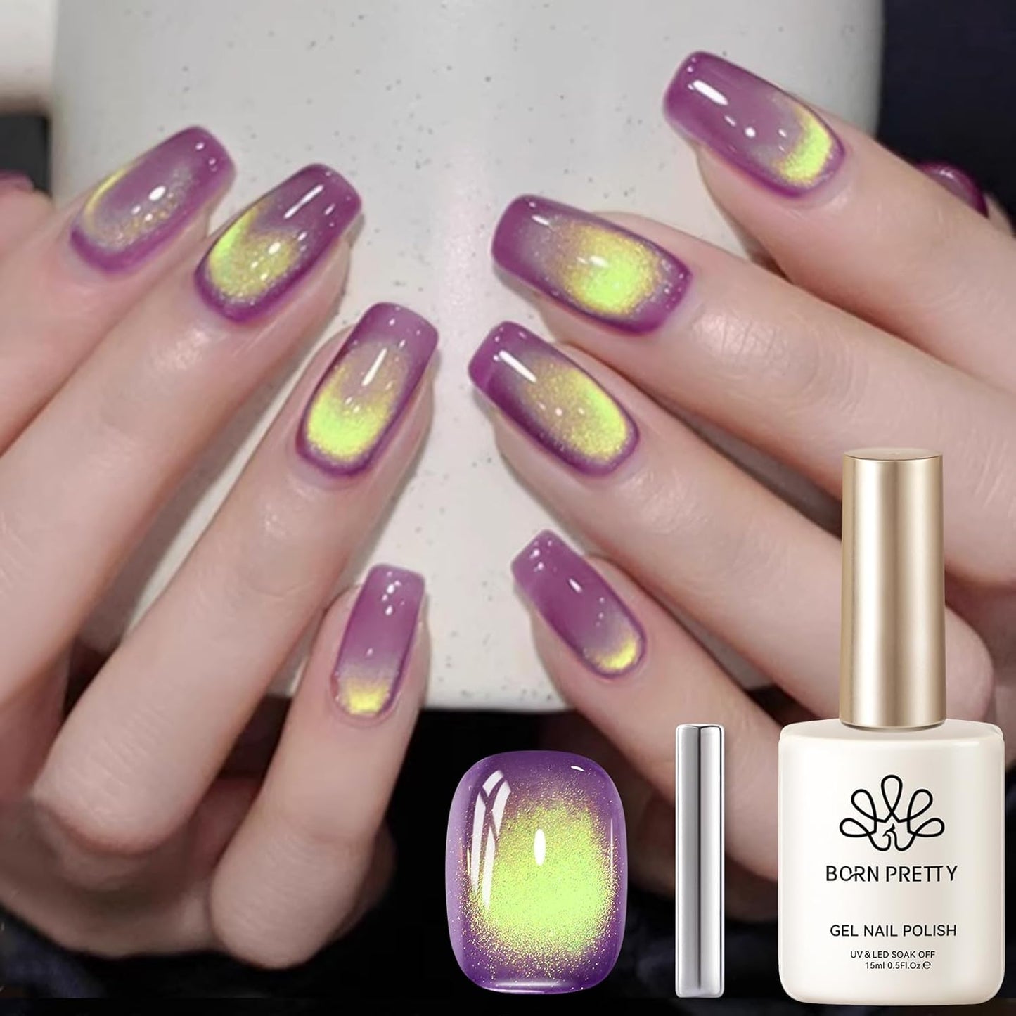 BORN PRETTY Cat Magnetic Eye Gel Nail Polish, Magenta Yellow Cat Glitter Cat Magnetic Gel Nail Polish Honey Trap Magnetic Nail Polish for Nail Art Manicure Salon DIY at Home 15ML