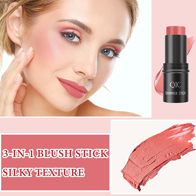 Cream Contour Blush Stick,Long Lasting Waterproof Blush Stick for Cheeks&Lips Multipurpose Face Highlighting Concealing Cream,Shimmer Contour Stick Makeup for Women（Pink）