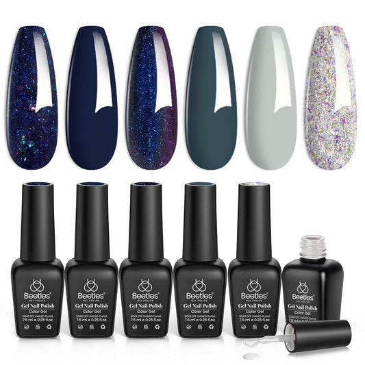 Beetles Blue Gel Polish Set, 6 Colors Glitter Dark Blue Sliver Gel Nail Polish Nail Art Design for Manicure Lovers DIY at Home