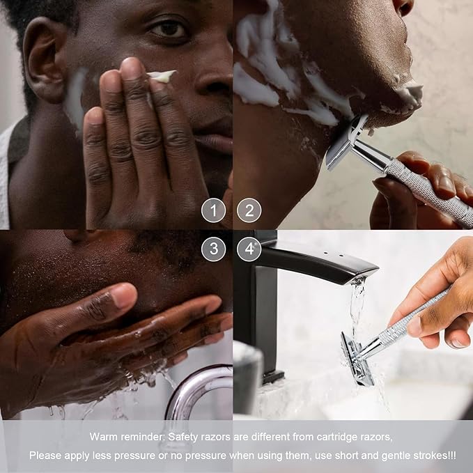 Double Edge Safety Razor with Stand, Single Blade Razors for Men and Women, Metal 1 Blade Razor, with 10 Platinum Coated Stainless Steel Double Edge Blades, Smooth and Close Shave, Silver