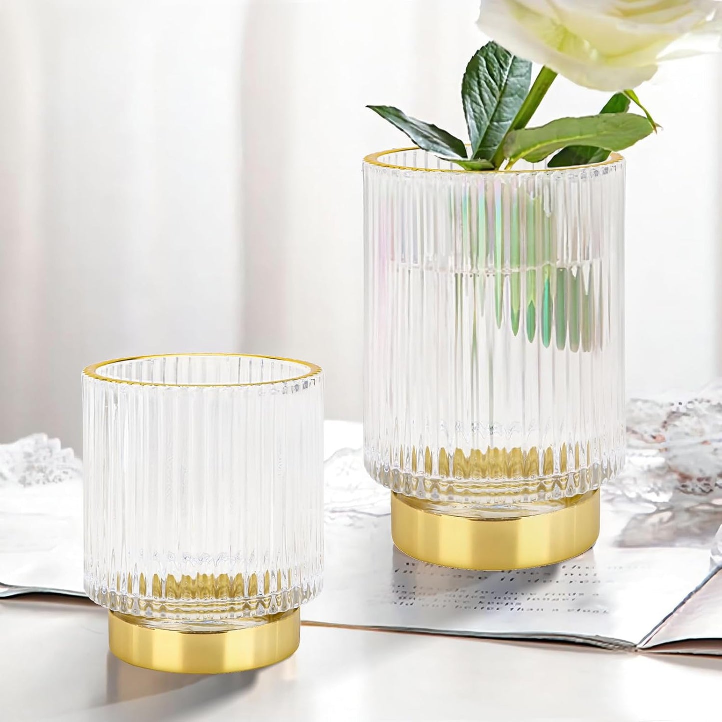 DASITON Makeup Brush holder Organizer,Crystal Cosmetic Makeup Brush Glass Brushes Storage Holder, Vintage Make Up Brush Cup Pen Pencil Holder striped vase(Clear S)