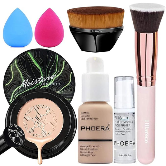 Hilareco PHOERA Foundation,Mushroom Head Air Cushion CC Cream Natural Foundation,PHOERA Makeup Foundation Full Coverage,Phoera Face Primer(101 Porcelain+01 Ivory CC)