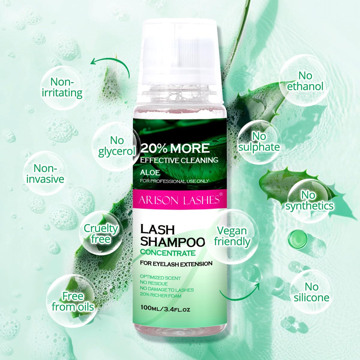 ARISON LASHES Lash Shampoo Concentrate for Lash Extensions 100ML Eyelash Cleanser Concentrate Oil-Free Eyelash Extension Shampoo with Salon Home Care(Aloe Vera)