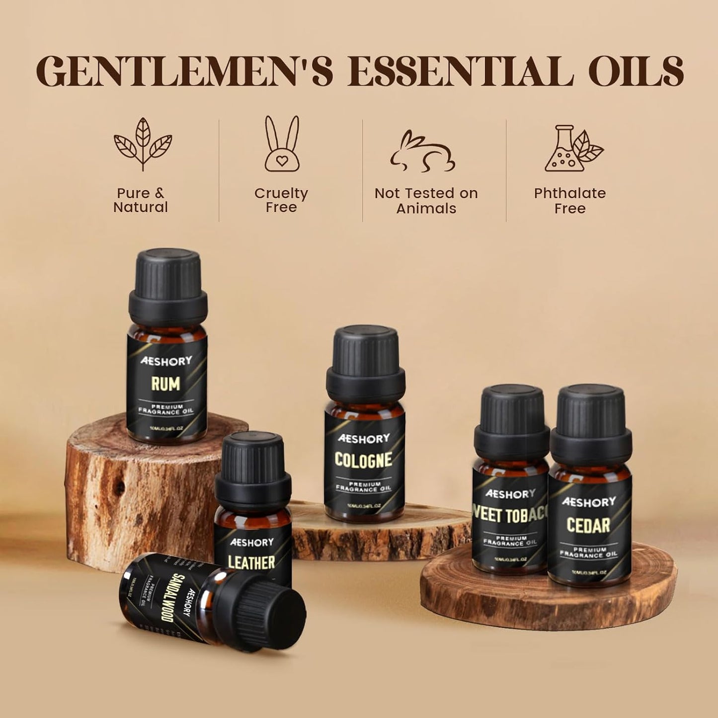 Gentlemen's Essential Oils Set - 6x10ML Mens Fragrance Oil for Candle Making, Diffuser - Sandalwood, Cedar, Leather, Sweet Tobacco, Bay Rum, Cologne Aromatherapy Oils for Men