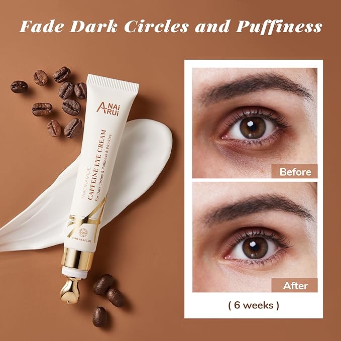 ANAI RUI Caffeine Eye Cream, Niacinamide Eye Cream for Dark Circles and Puffiness, Anti Aging & Friming Eye Cream with Eye Roller, Caffeine Under Eye Cream for Puffy Eyes, Bag Treatment 0.5 FL.OZ