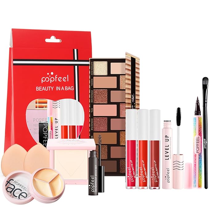 All in One Makeup Kit, Full Starter Essential Makeup Kit for Women Beginners Includes Eyeshadow Palette Lipgloss Mascara Eyeliner Eyebrow Pencil Concealer Powder Puff Set