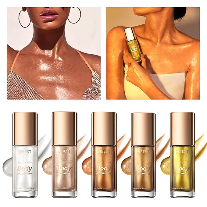 40ml Body Shimmer Oil,Liquid Body Illuminator, Waterproof Moisturizing And Glow For Face & Body, All-In-One Makeup Liquid Illuminator, Summer Body Luminizer,Makeup Brush Include(02#Rose Gold)