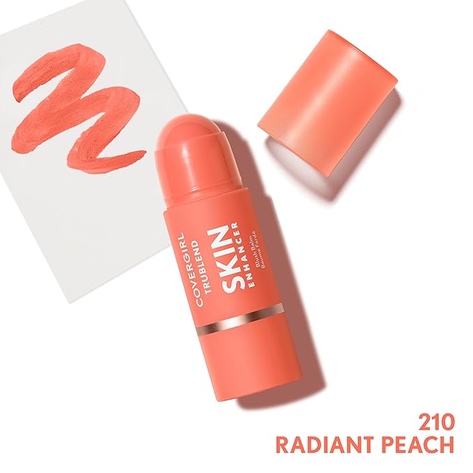 CoverGirl Trublend Skin Enhancer Blush Balm Stick, 210 Radiant Peach, Vegan Formula, Easy to Use, Glides on Effortlessly, Non-Greasy, Doesn't Crease, 0.21oz