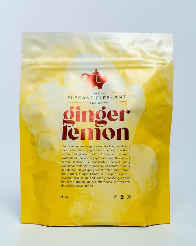 Ginger Lemon Tea, Loose Leaf Herbal Tea – Helps Reduce Nausea and Motion Sickness – Detox & Immunity Support – Drink Hot or Iced – 4 oz Resealable Bag (Makes 50 Cups) – The Elegant Elephant