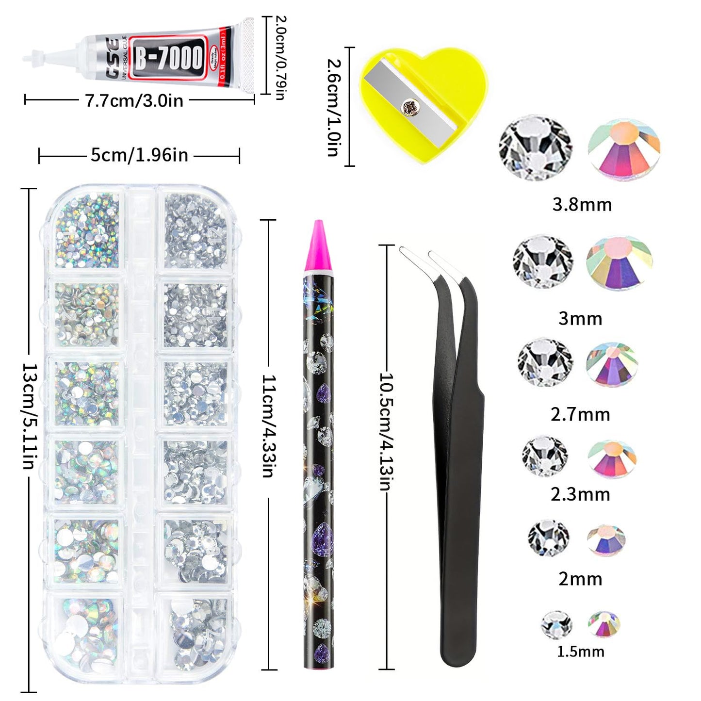 Canvalite Rhinestones 2784PCS in 6 Sizes Flat Back Gems, Crystal AB Art Gems with 5Pcs B7000 Glue, Pick Up Tweezers and Picker Dotting Pen for Nails, Makeup, Stocking Stuffers Gifts for Women