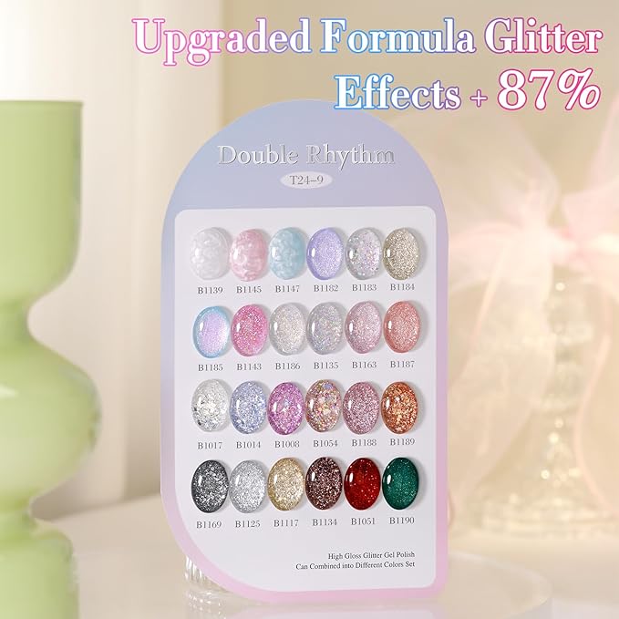 Double Rhythm 28Pcs 0.5Oz Glitter Gel Nail Polish Set Same Color Same Bottle Soak Off Gel Polish Kit Nail Art Manicure Salon DIY at Home (Sparkle Pearl Shimmer Collection-T24-9)