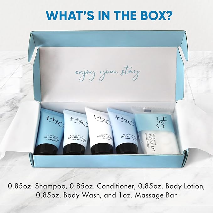 H2O Therapy Amenity Kit | Boxed Hotel Toiletries | Bulk Set 0.85 oz Travel Size Shampoo, Conditioner, Lotion, Body Wash & Body Bar Soap for Guest Hospitality AirBnB/Vacation Rentals | 1 set per case