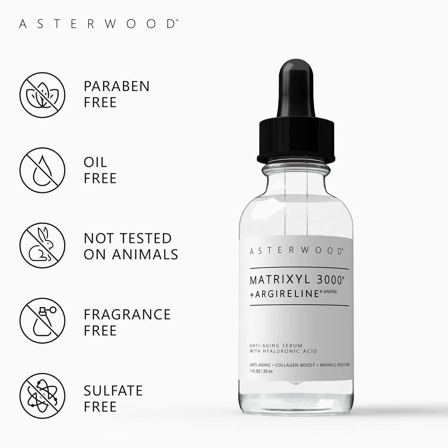 Asterwood Matrixyl 3000 + Argireline Serum for Face - Multi Peptide Serum with Hyaluronic Acid - Anti-Aging, Wrinkle Reducing, Collagen Boosting - Fragrance-Free - 1 Fl Oz