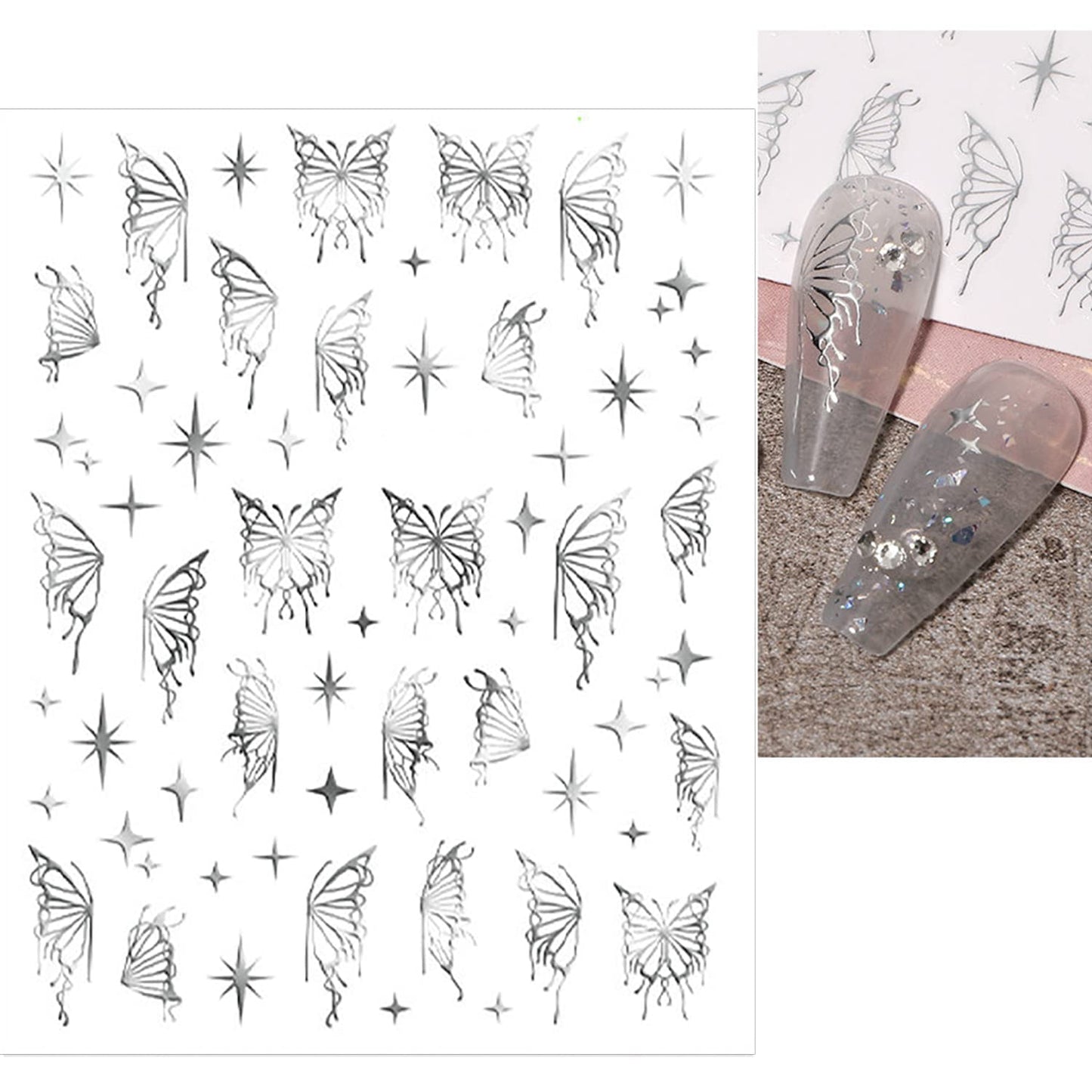 SILPECWEE 6 Sheets Butterfly Nail Stickers - 3D Nail Art Decals, Metallic Silver Aurora Retro Designs, Self-Adhesive Manicure Stickers