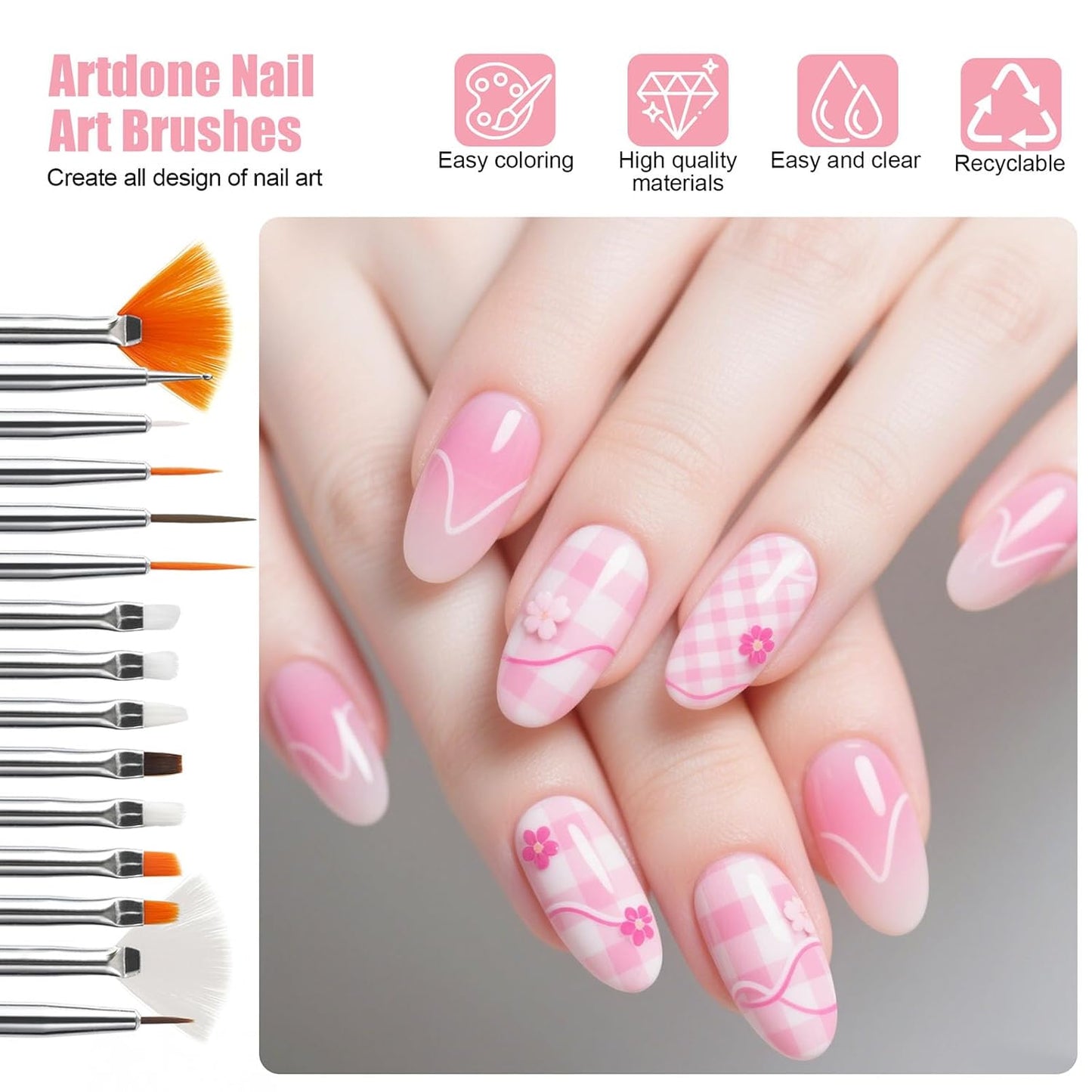 Artdone 15pcs Pink Nail Art Brushes, Nail Art Tool Set, Dotting Tools, Dust Brush,Striping Brushes for Long Lines, Drawing Pen For Gel Polish Design supply