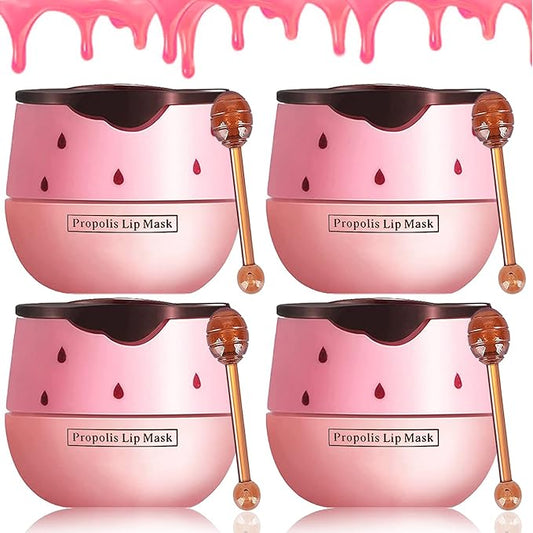 4 Pack Strawberry Lip Mask Bee Lip Balm Strawberry Pot Propolis Moisturizing Hydrating Lip Sleeping Mask Prevention Dry and Cracked Lip Scrubs Exfoliator (4-Strawberry)