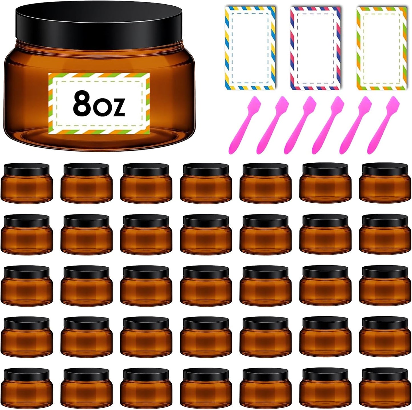 36 Pack 8 oz Amber Plastic Cosmetic Containers With Lids Refillable Clear Empty Travle Jars Containers for Body Butter,Sugar Scrubs,Cream,Lotions,Candy, Waterproof Label&Spatulas - (Black Lid)
