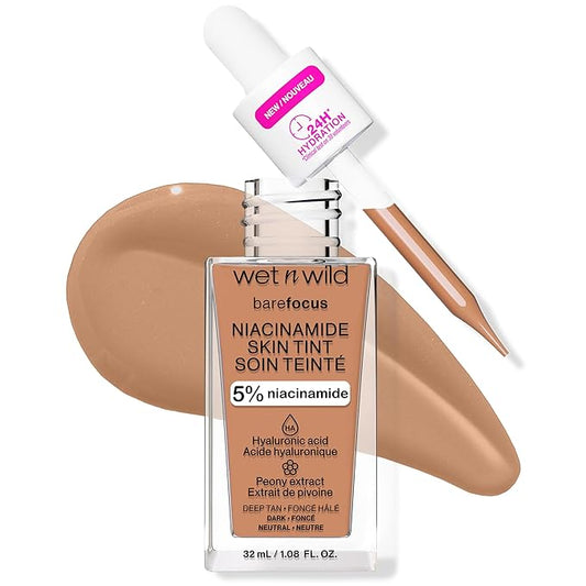 wet n wild Bare Focus Skin Tint, 5% Niacinamide Enriched, Buildable Sheer Lightweight Coverage, Natural Radiant Finish, Hyaluronic & Vitamin Hydration Boost, Cruelty-Free & Vegan - Deep Tan