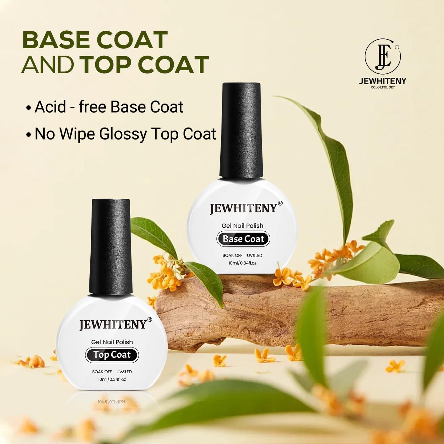 JEWHITENY 2 Bottles 10ML Gel Top Coat and Base Coat Set Gel Polish Long Lasting Glossy Shine Effect DIY Nail Art Design Need U V Lamp Curing