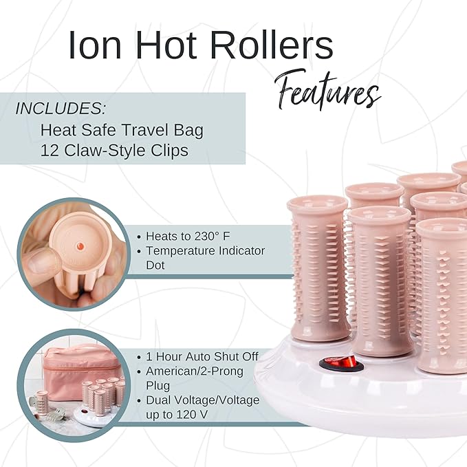 CALISTA Ion Hot Rollers for Long Hair | Hair Roller Clips Included | Heats to 230°F | Dual Voltage | Add Hands-Free Curls, Waves, and Volume (Pink, Long - 12)