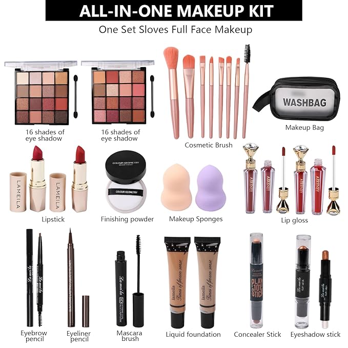 All in One Makeup Kit For Women Girls Teens 2x16 Colors Eyeshadow Palette Liquid Foundation Eyeliner Pencils Contouring Stick Lip Gloss Eyebrow Pencils Mascara Powder Puff Makeup Brushes Makeup sets