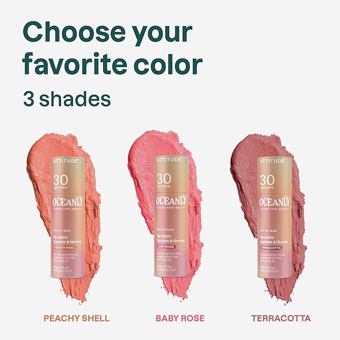 ATTITUDE Oceanly Tinted Lip Balm with SPF 30, EWG Verified, Plastic-Free, Broad Spectrum UVA/UVB Protection with Zinc Oxide, Vegan, Unscented, Peachy Shell, 0.3 Ounce