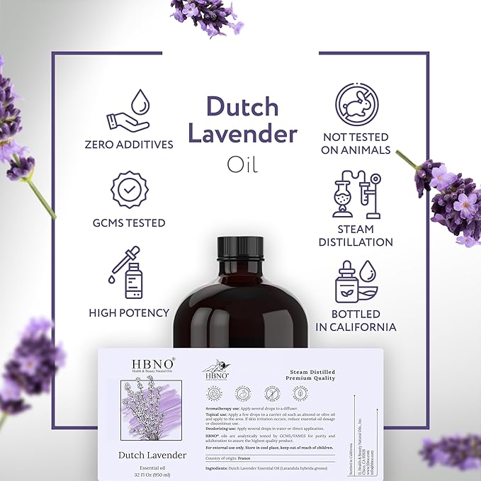 HBNO Lavender Dutch Oil - 32 oz (950 ml) Large Size - Ideal for Shampoos, Conditioners, Mouth Washes, Face wash, Lotions, and Skin Care Products (Glass Bottle).