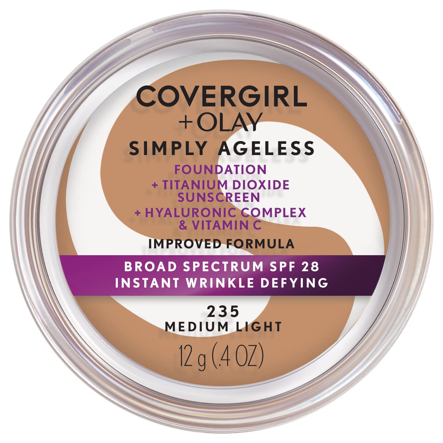 COVERGIRL Simply Ageless Instant Wrinkle Defying Foundation, SPF 28, Hyaluronic Complex & Vitamin C - 235 Medium Light, Pack of 1