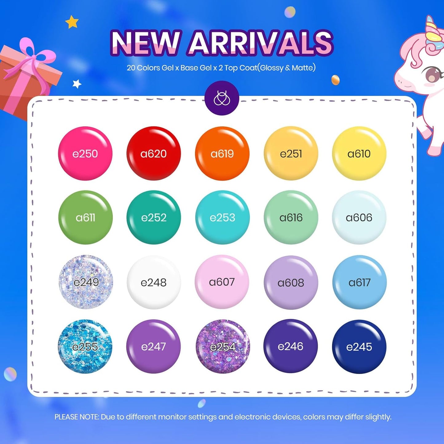 Beetles Halloween Gel Nail Polish Set, 24 Pcs Purple Blue Hot Red Gel Nail Polish Green Glitter Gel Polish Unicorn Collection Soak off UV with Glossy & Matte Top Base Gift for Women