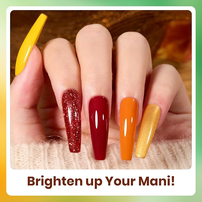 Beetles Fall Gel Nail Polish Set, 6Pcs Yellow Orange Burgundy Red Green Gel Polish Golden Glitter Nails Kit Autumn Realm Collection DIY Nail Art Gifts for Women