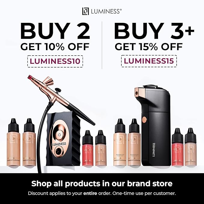 LUMINESS Silk Airbrush Spray Foundation & Buffing Brush Kit – Full Coverage Foundation & Dual-Sided Buffing Brush - Buildable Coverage, Anti-Aging Formula Hydrates & Moisturizes (Shade - Light Deep)