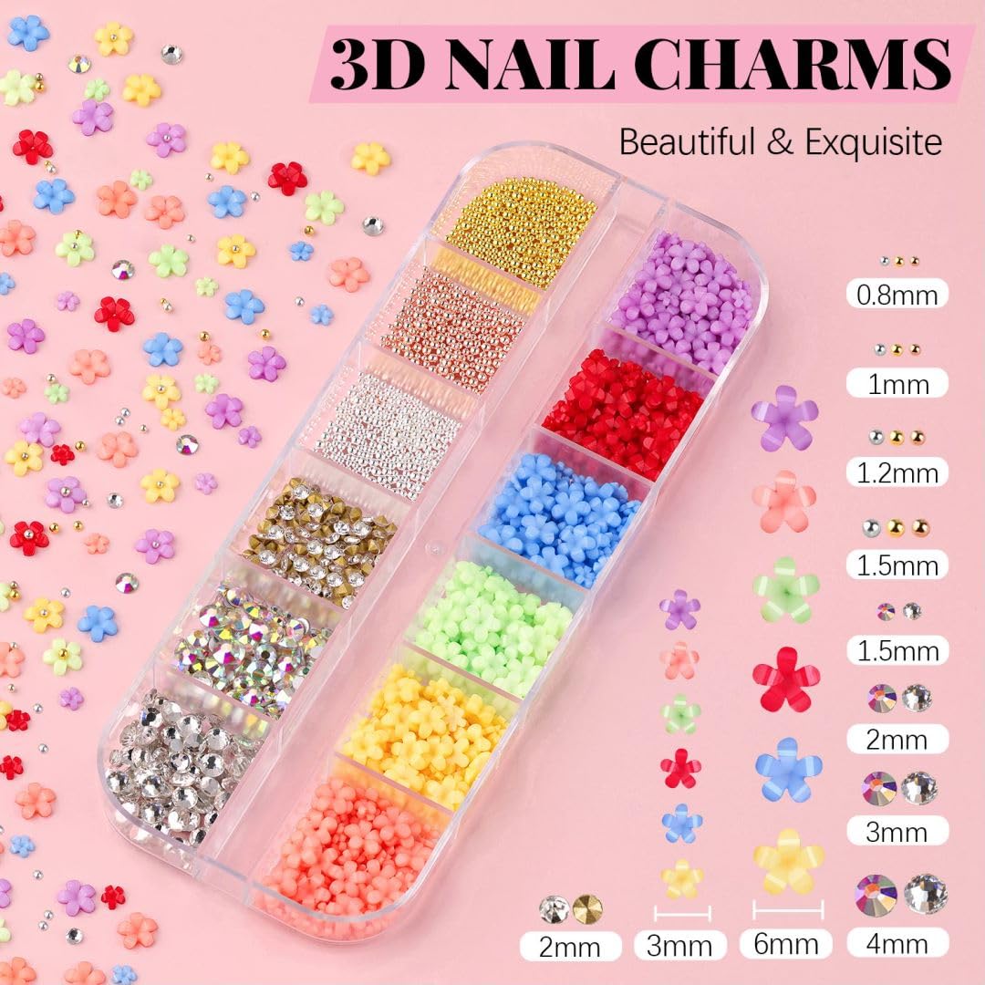 3D Flowers for Nails, Colorful Acrylic Flower Nail Charms with Caviar Beads, Flat Back Glass Crystal AB + Clear Gemstones Round Gems Rhinestones for Nails & Acrylic Nails with Dotting Tools