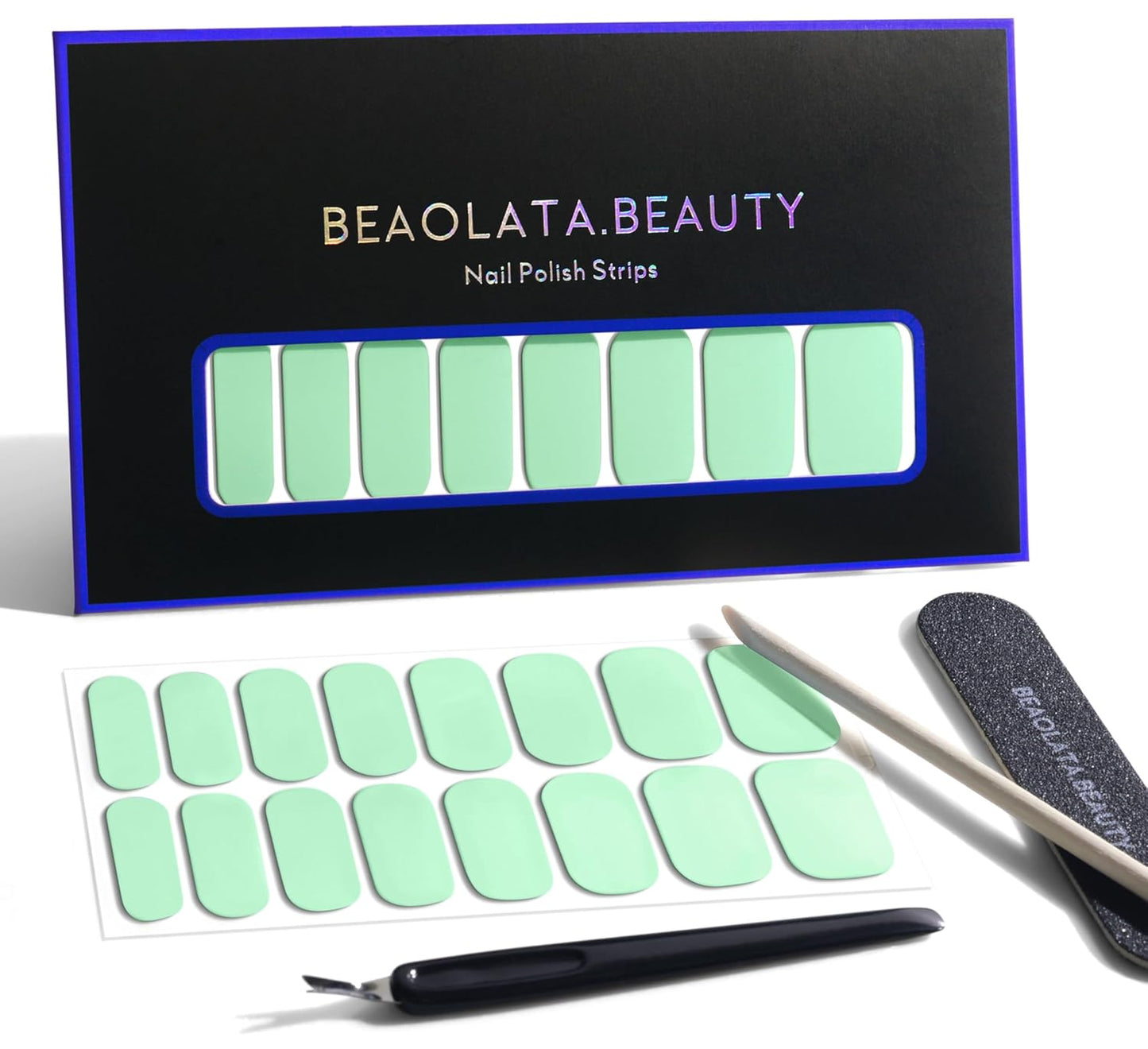 Nail Polish Strips, 32PCS Salon Quality Wraps, Long Lasting Gel Nail Stickers for Women Easy Apply& Remove (Light Blue Mint)