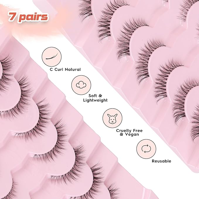 Cat Eyelashes Natural Eye Lashes 12mm False Lashes Wispy Thin Band 3D Volume Fake Eyelash C Curl Lash Pack Natural Look 7 Pair