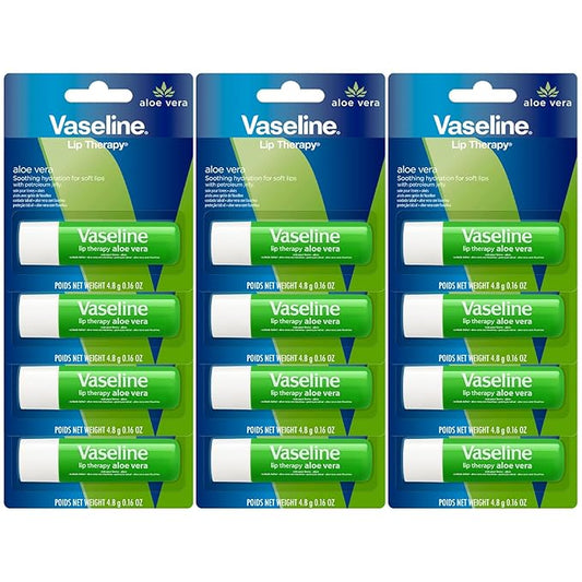 Vaseline Lip Therapy Aloe Fresh - Hydrating Lip Balm Pack, Vaseline Stick, Lip Moisturizer for Dry Lips, 0.16 Oz Each (Pack of 12)