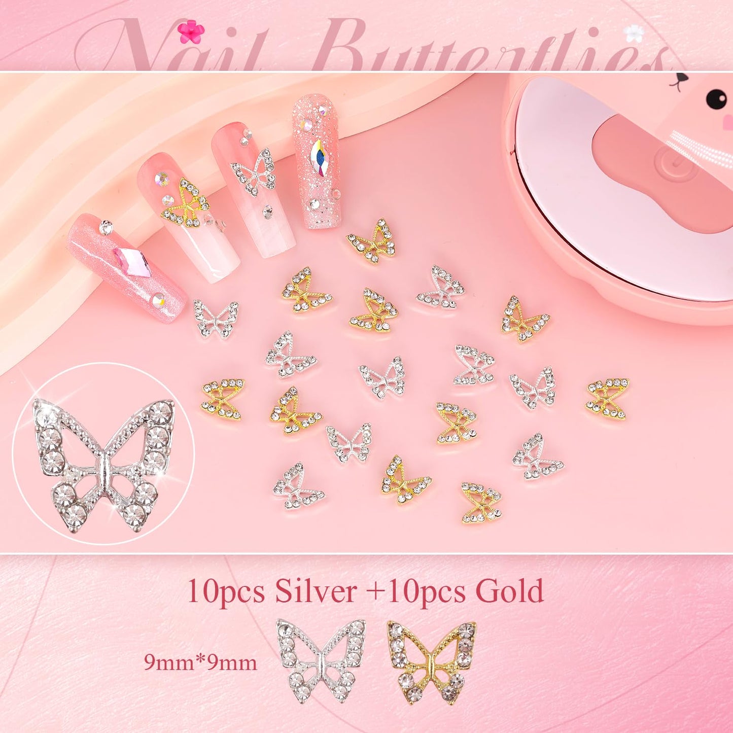 3D Nail Charms and Gems Set 3, 20PCS Gold and Silver Chunky Butterfly Nail Charms with Rhinestones, 3D Flowers for Nails, Crystal and Pearls + Metal Caviar Beads + Picker Tool for Y2K Nail Decoration