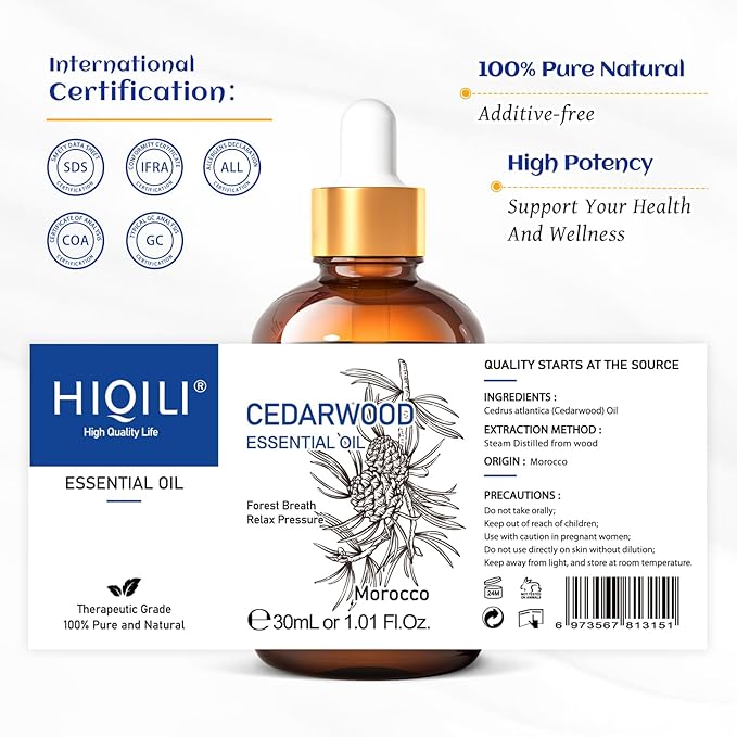 HIQILI 1 Fl Oz Cedarwood Essential Oil, Pure Natural Cedarwood Oil for Hair, Diffuser, Aromatherapy - 30ML