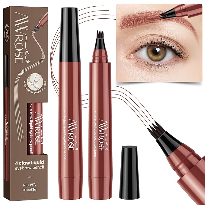 AWROSE Eyebrow Pencil, 3D Waterproof Microblading Eyebrow Pen 4 Fork Tip Tattoo Pencil, Precise Natural Brow Magic Eye Brow Pencil with Hair Like Strokes, 4 Points Multi-Used Eye Brow Pen for Women