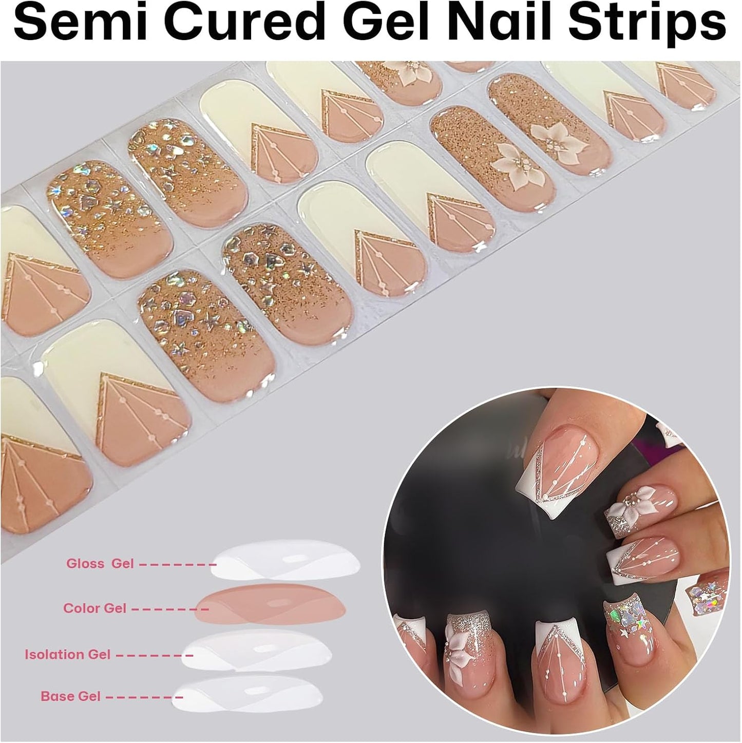 Semi Cured Gel Nail Strips French Tip Gel Nail Strips Whhite Flower Stickers Glitter Wraps Need UV/LED Light Salon Quality & Easy to Use for Women 20 Pcs