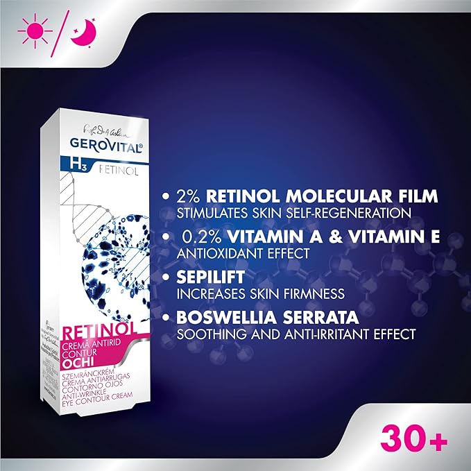 GEROVITAL RETINOL Anti-Wrinkle Eye Contour Cream with Retinol, Sepilift, and Vitamins A and E, Prevents and Reduces Wrinkles, 15 mililiters