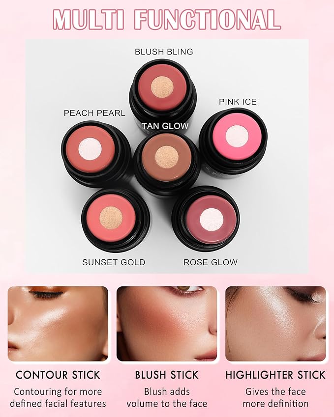 Cream Blush Stick Makeup for Cheeks, Multi Blush & Highlighter Contour Stick, Long Lasting Waterproof Creme Blush Bronzer Stick, Lightweight Matte and Dewy Finish, Face Shaping Makeup for Women-02