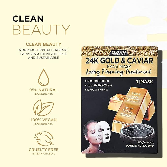 AZURE 24K Gold and Caviar Anti Aging Luxury Face Mask - Hydrating & Firming Facial Mask - Helps Reduce Wrinkles & Fine Lines with Hyaluronic Acid & Collagen - Skin Care Made in Korea - Pack of 10