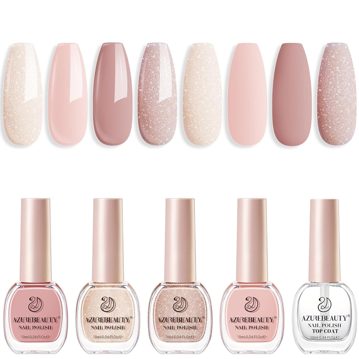 AZUREBEAUTY Nail Polish Set, 4 Colors Nude SKin Glitter Pearl Long Lasting All Season Quick Dry Natural Fingernail Lacquer Strengthening Treatment Kit 10ML with Top Coat DIY Salon at Home