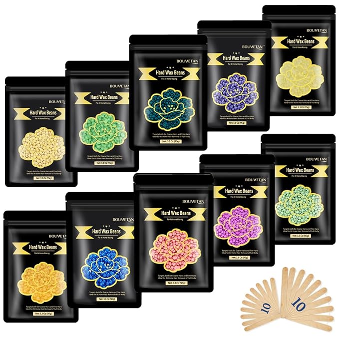 Hard Wax Beads, 2.2lb Wax Beans for Hair Removal, 10 Packs Multi Color Waxing Beads for Full Body, Face, Brazilian Bikini, Legs and Sensitive Skin at Home, Wax Refill for Women Men