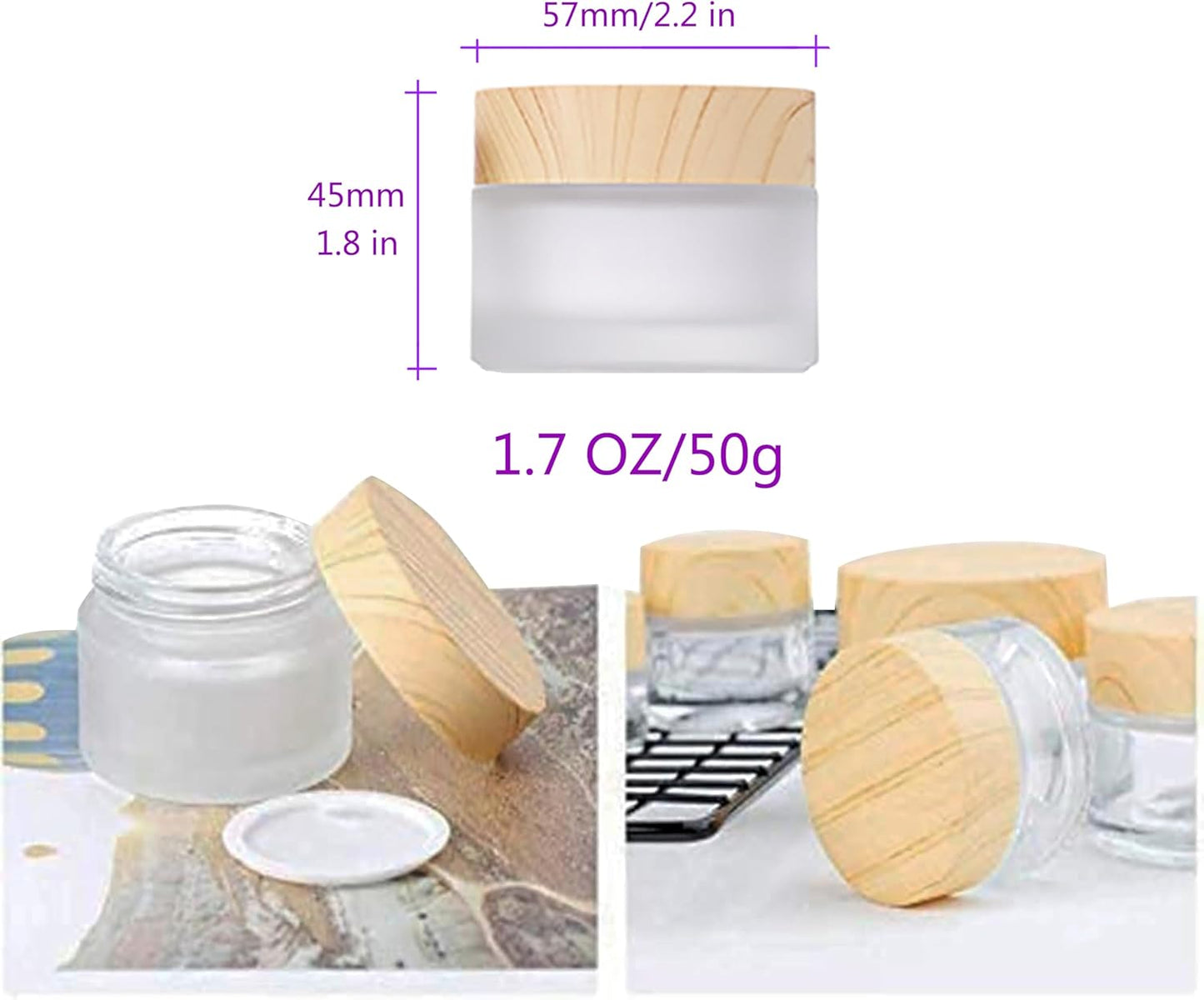 50 Gram/50 ml Empty Sample Jars Round Frosted Glass Bottle Cosmetic Cream Jar Wood Grain Lid Cosmetic Container Glass Cream Box Refillable Cream Pot Jars for Lip Balm Lotion Eyeshadow,4 Pack